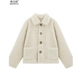 倩之韵 羊羔毛外套女秋冬2021年新款女装韩版短款加厚皮毛一体颗套时尚百搭羊羔绒...