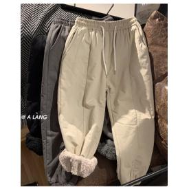 羊羔绒裤子男冬季潮牌ins秋冬休闲长裤加绒裤男裤宽松束脚保暖加绒加厚东北棉裤 卡其色 M