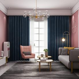 索菲亚遮光窗帘布卧室婚房成品窗帘简约现代落地遮阳帘纯色客厅家用 藏蓝色 L-两片.适用宽2.5-3.0米