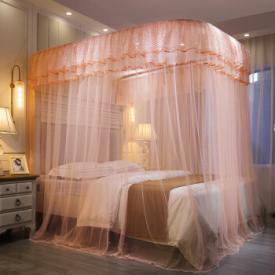 皮尔卡丹 导轨蚊帐宫廷三开门1.8米 U型不锈钢纹帐1.5m滑轨落地家用蚊帐 玉色蕾丝 180*200cm
